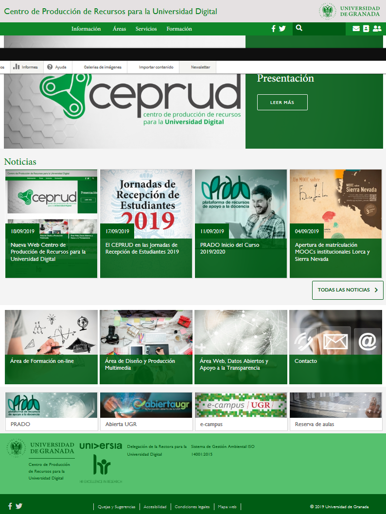 Captura de pantalla de la nueva web del Centro de Producción de Recursos para la Universidad Digital