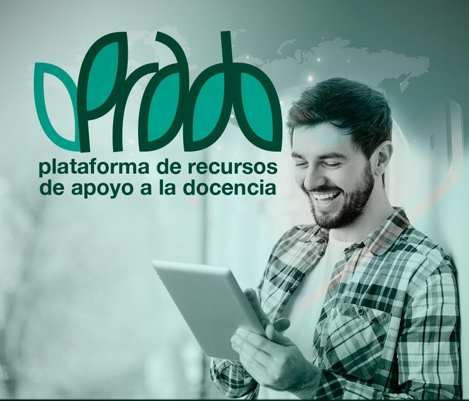 Hombre utilizando una tablet con fondo con el logo de la plataforma PRADO