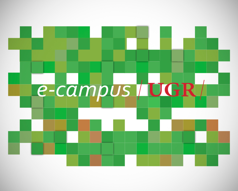 Logo de la plataforma para titulos propios e-campus, aparece el título sobre un fondo de cuadros verdes