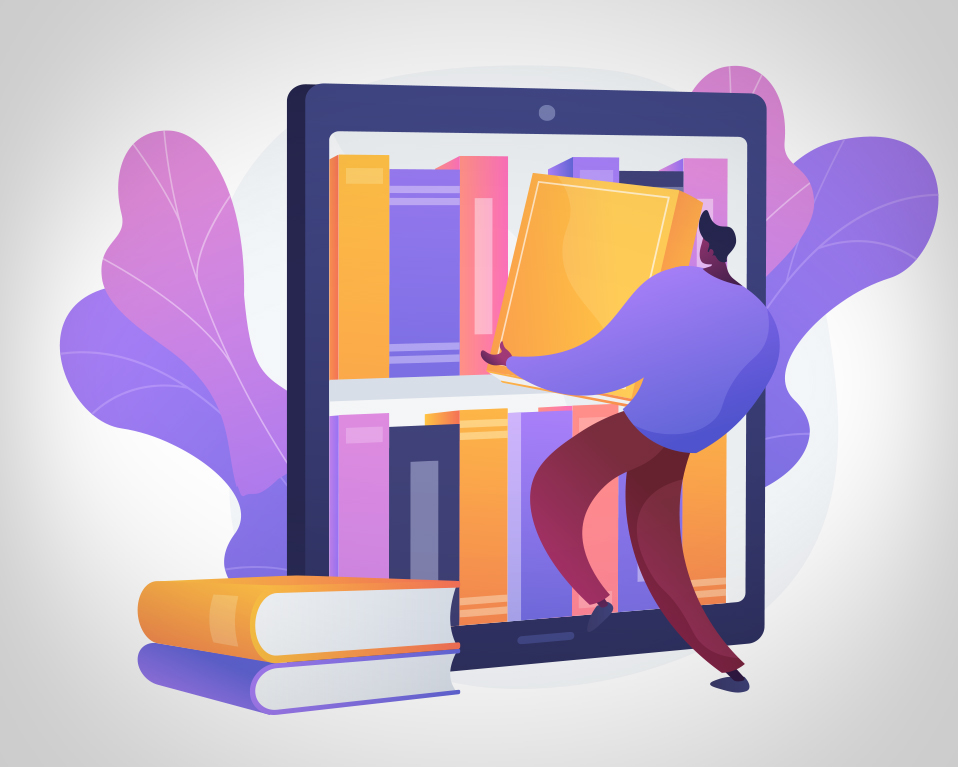 Animación de una persona con libros en una tablet