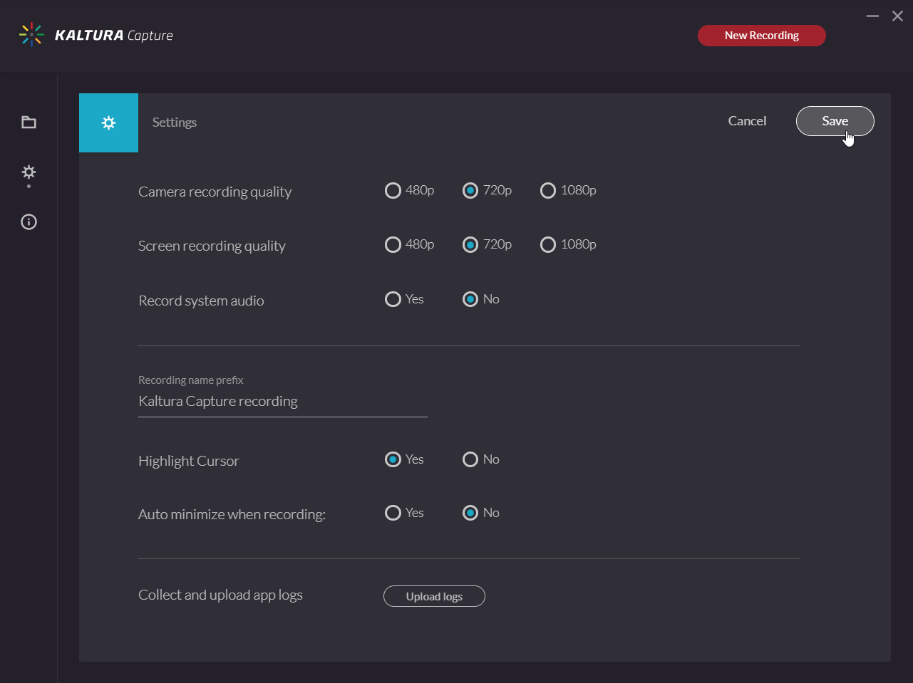 configuración de grabación