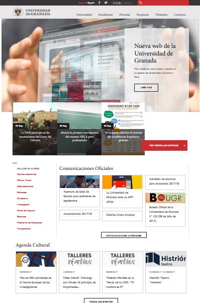 Captura del nuevo aspecto visual de la página principal de la Universidad de Granada