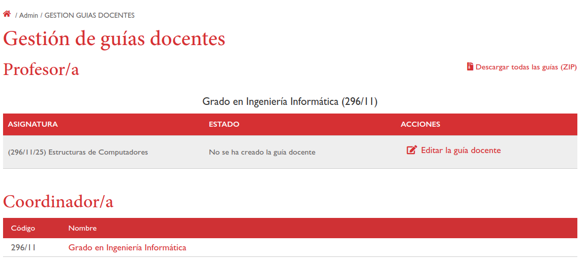 Texto con una tabla con las asignaturas impartidas por un profesor y los grados que gestiona un coordinador