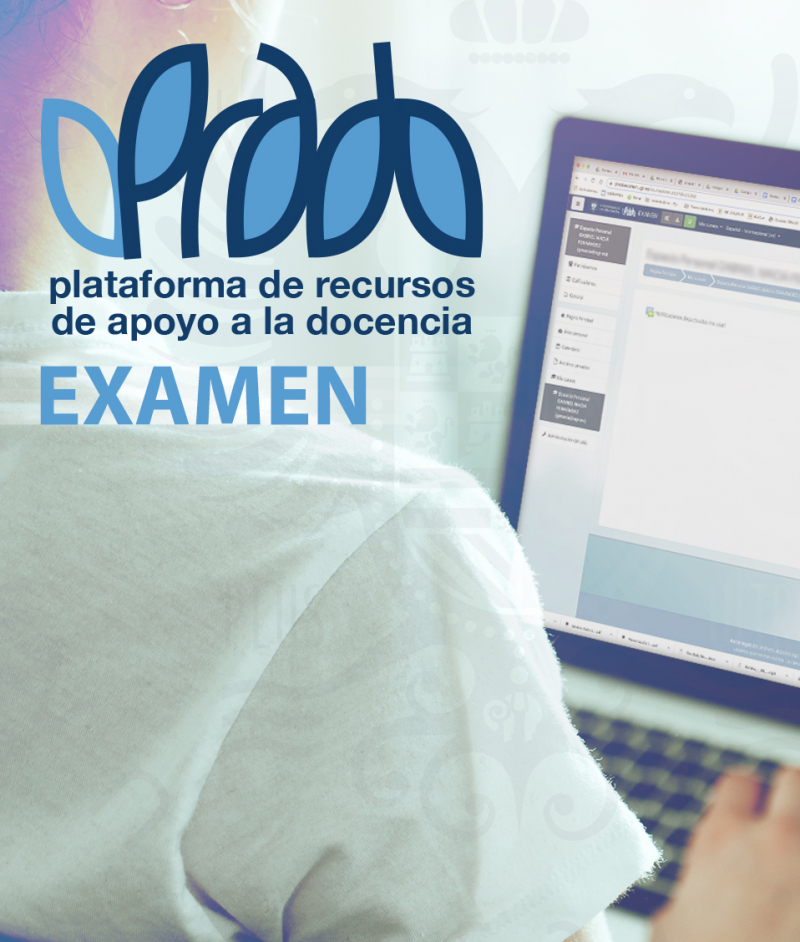 PRADO EXAMEN Logo de prado con el texto Examen sobre una fotografía de un estudiante en casa con su portátil