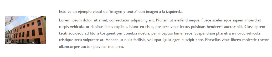 Esto es un ejemplo visual de "imagen y texto" con imagen a la izquierda. Lorem ipsum dolor sit amet, consectetur adipiscing elit. Nullam ut eleifend neque. Fusce scelerisque sapien imperdiet turpis vehicula, ut dapibus lacus dapibus. Nunc ex risus, posuere vitae lectus pulvinar, hendrerit auctor nisl. Class aptent taciti sociosqu ad litora torquent per conubia nostra, per inceptos himenaeos. Suspendisse pharetra mi orci, vehicula tristique arcu vulputate at. Aenean ut nulla facilisis, volutpat ligula eget, suscipit ante. Phasellus vitae libero molestie tortor ullamcorper auctor pulvinar nec urna.